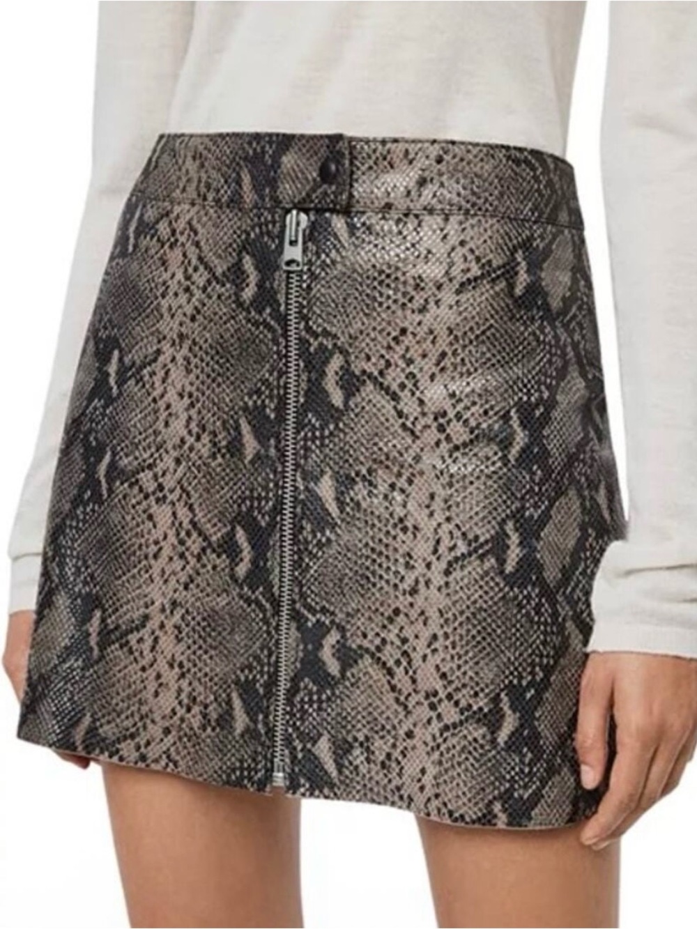 AllSaints Lena Oba Snake-Print Zip Leather Front Mini Skirt - Gray- US 10